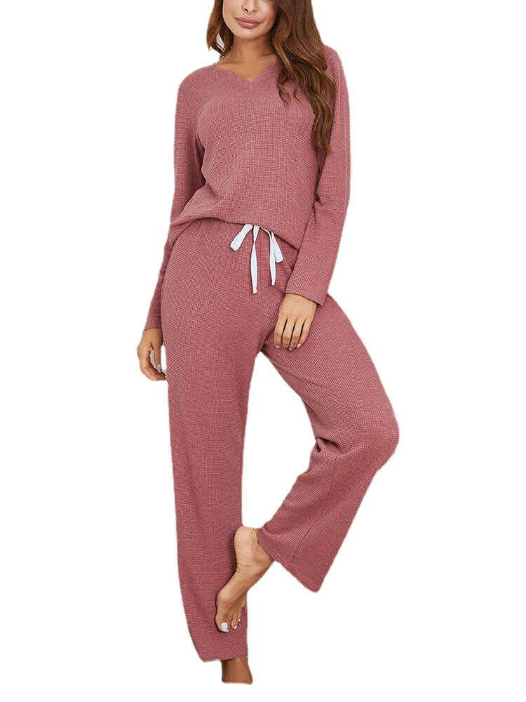 Women Brief Style Solid Color Plus Size V-Neck Two-Piece Home Lounge Pajamas Set