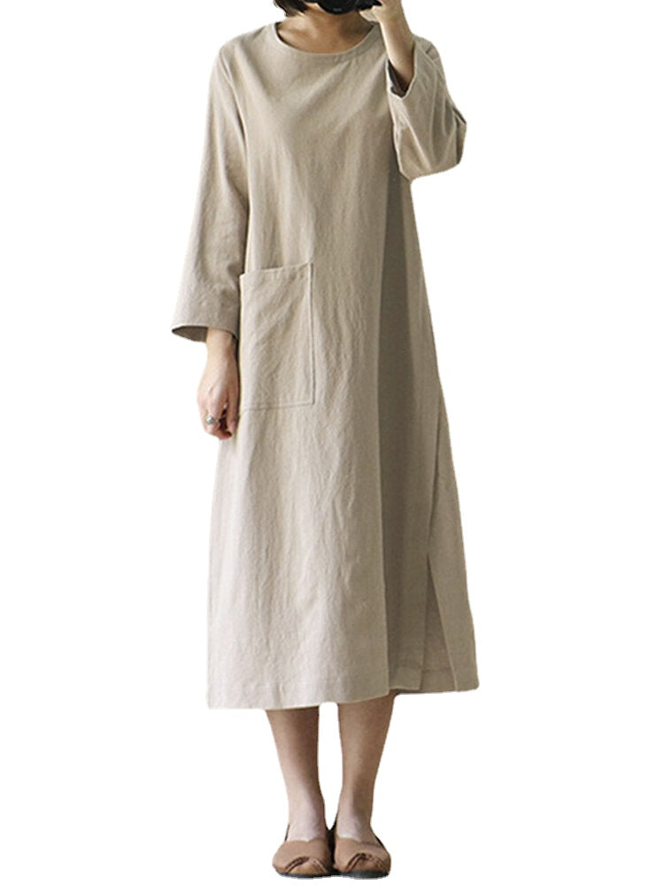 Women Vintage 3/4 Sleeve Split Casual Solid Mid-long Dress