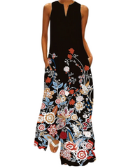 Women's Floral Print Pocket Sleeveless V Neck Long Dress - Maxi T shirt Dresses