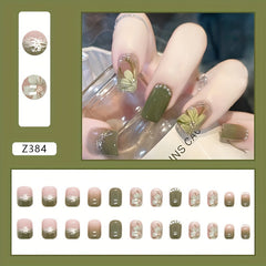 24pcs Medium Square Camellia Press On Nails, Green Fake Nails for Spring & Summer, Full Cover False Nails