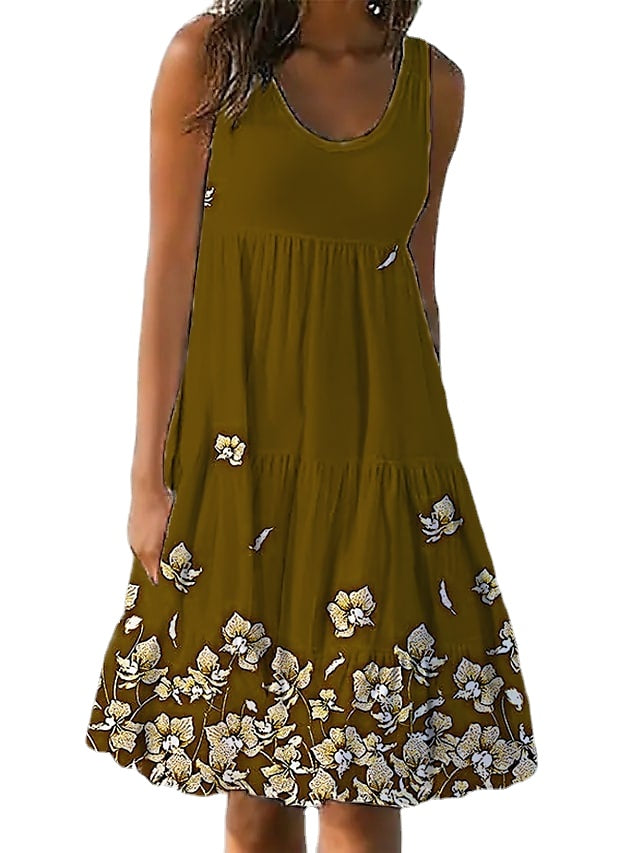 Women's Sleeveless Solid Color Ruched Round Neck Casual Beach Vacation Dress