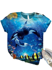 Women Ocean Whale Print O-Neck Casual Short Sleeve T-Shirts