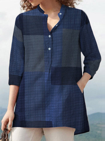 Women Plaid Printed V-Neck Side Pockets Button Long Sleeve Blouse