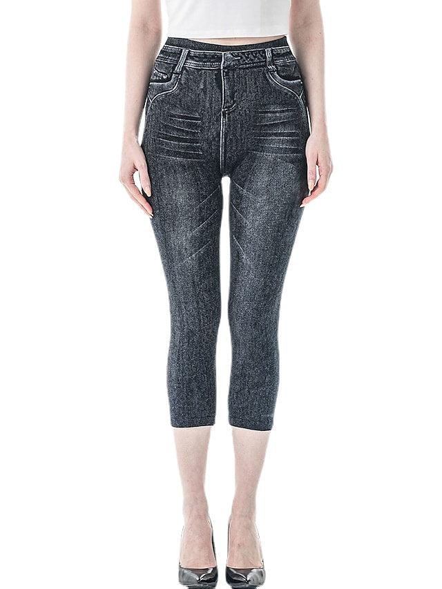 Faux Denim Casual Stretchy Calf-Length Comfort Women's Capri shorts