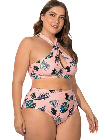 Women Plus Size Criss Cross Strappy Printed High Waist Bikini