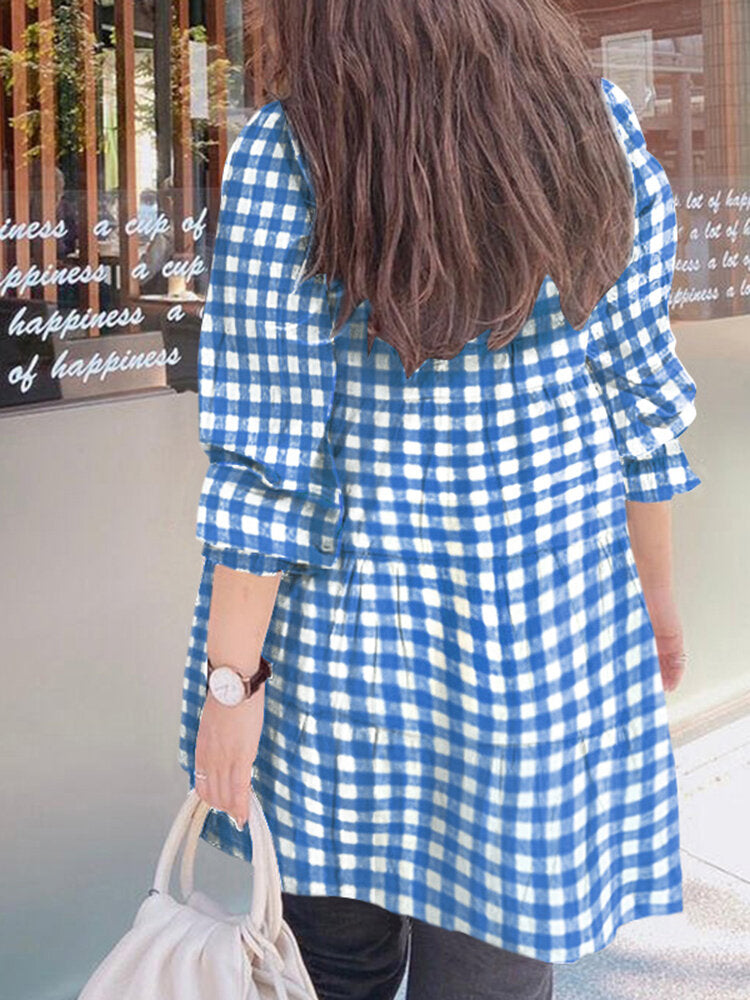 Women Puff Sleeve O-Neck Spliced Plaid Casual Loose Blouse