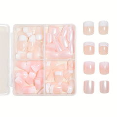 96 Pieces Short Square Press-on Nails - 4 Colors, Full Coverage, White French Glitter Design