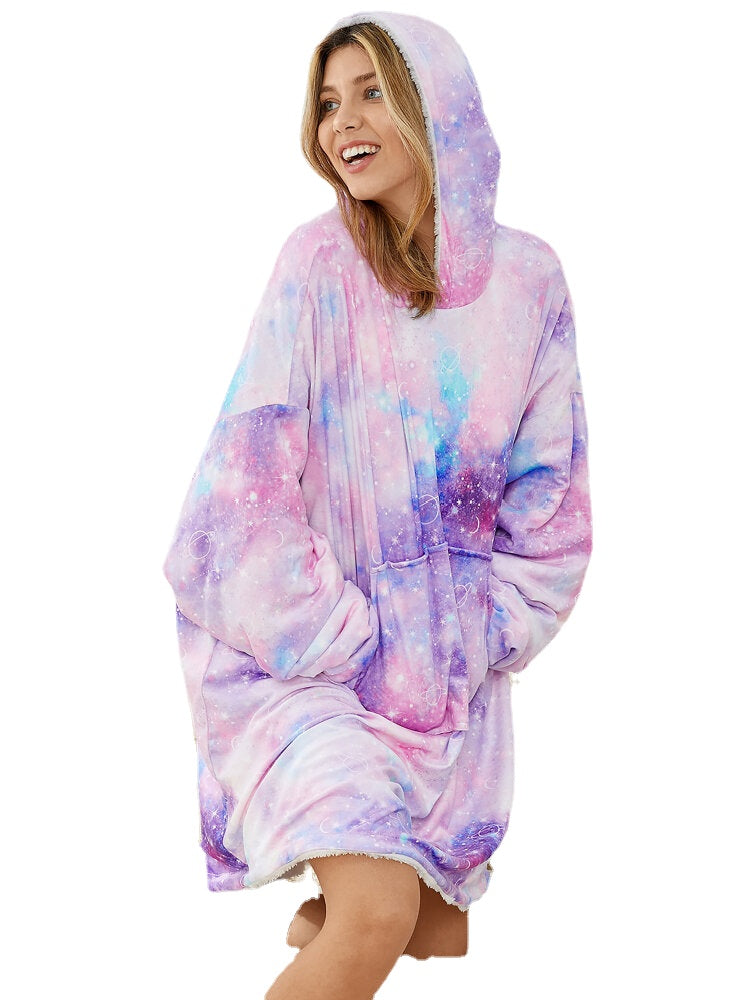 Women Starry Sky Print Oversized Thick Reversible Blanket Hoodie Comfy Homewear With Pocket