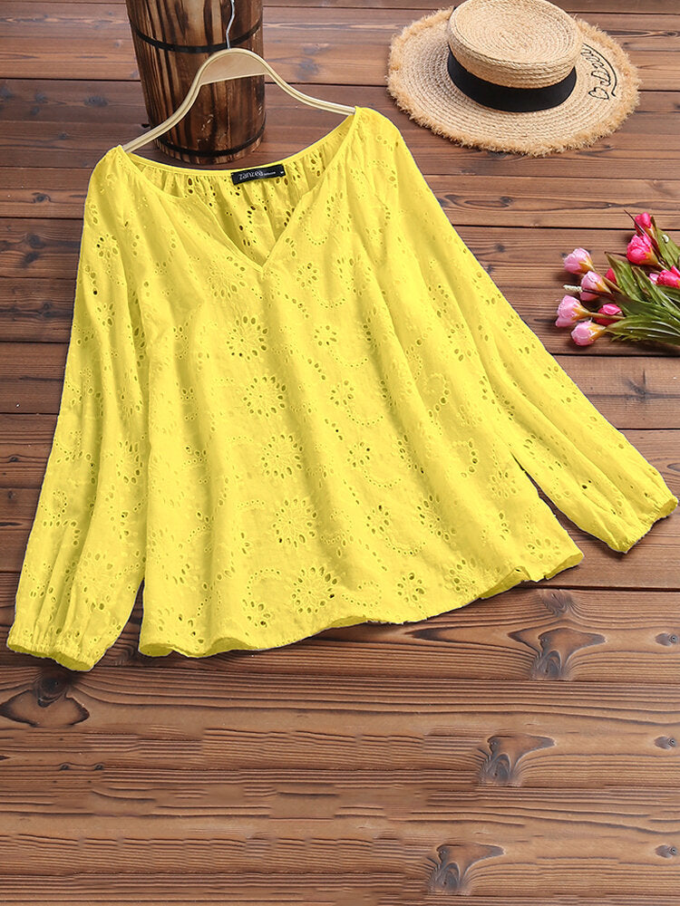 Casual Solid V Neck Loose Hollow Out Blouse