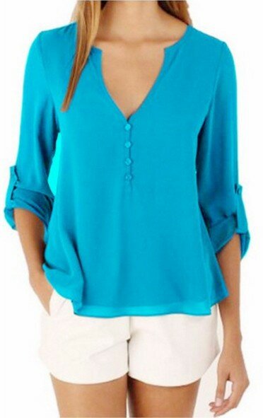 Chiffon Buttons V-Neck Irregular Hem Adjustable Sleeves Solid Causal Blouse