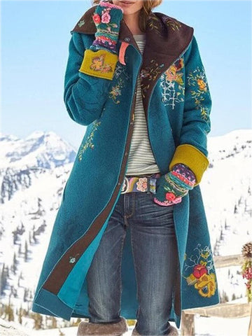 Casual Floral Printed Hoodie Outerwear Ethnic Style Jacket Coats