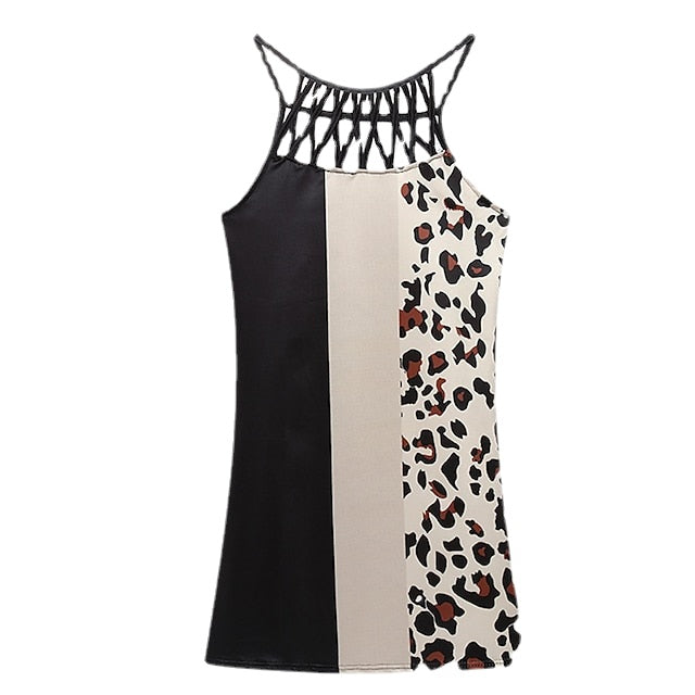 Women's Casual Dress Halter Neck Dress Midi Dress Leopard Black Wine Sleeveless Geometric Cut Out Summer Spring Halter Fashion Vacation Print Dresses