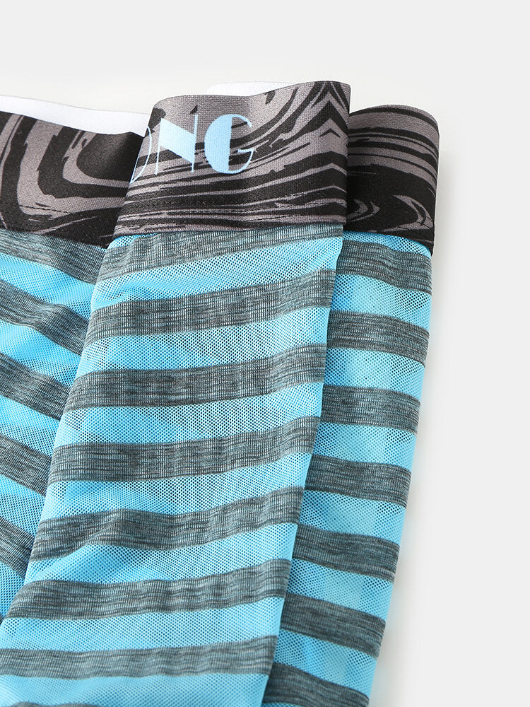 Mens Striped Ice Silk Translucent Breathable Thin Elastic Mid Waist Boxers