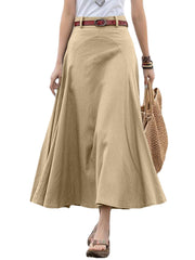 100% Cotton Solid Side Zipper Spliced Casual Loose Skirt For Women