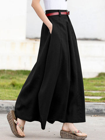 Leisure Solid Button Ruched Zip Pocket Casual Maxi Skirt