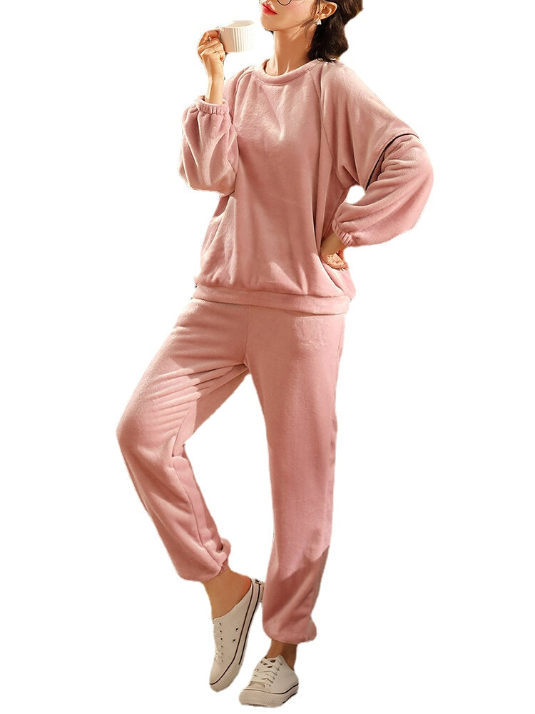 Women Solid Color Raglan Sleeves Coral Fleece Pocket Warm Home Pajama Set