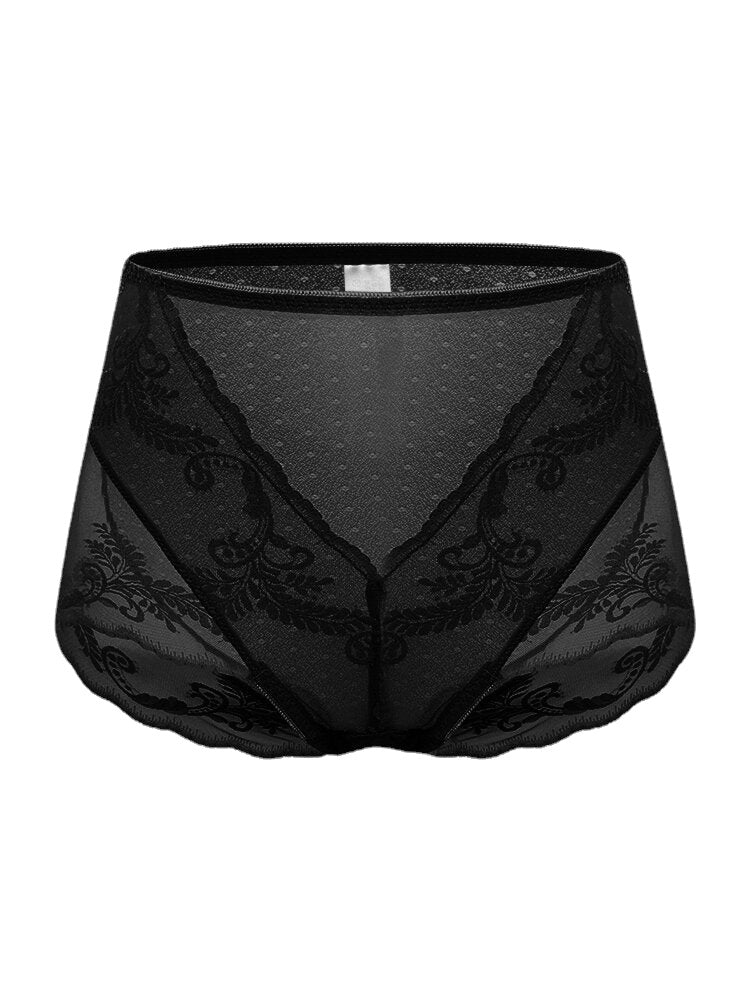 Plus Size Women Lace Jacquard Sheer Breathable Thin High Waist Panties