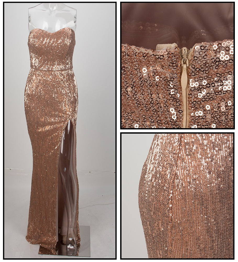 Love&Lemonade  Champagne Tube Top Cut Out Fish Tail Shaped Elastic Sequin Material Long Dress LM1055