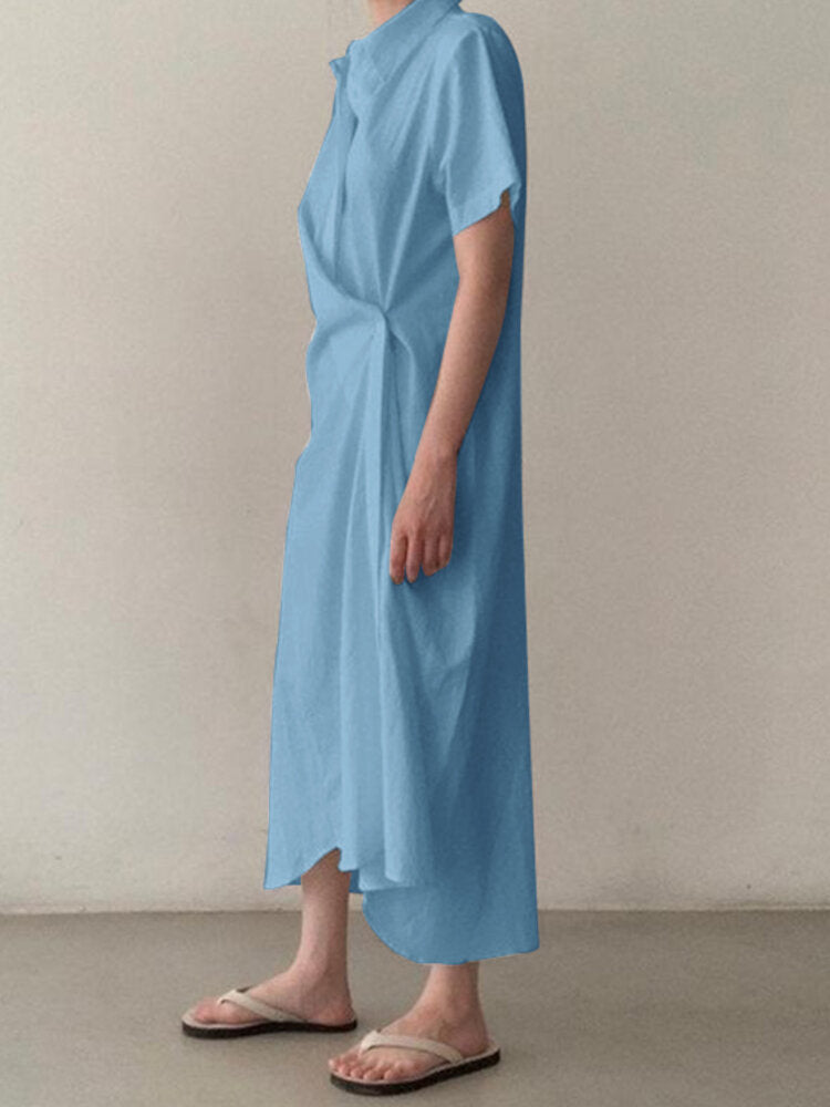 Women Solid Color Lapel Asymmetric Maxi Dress