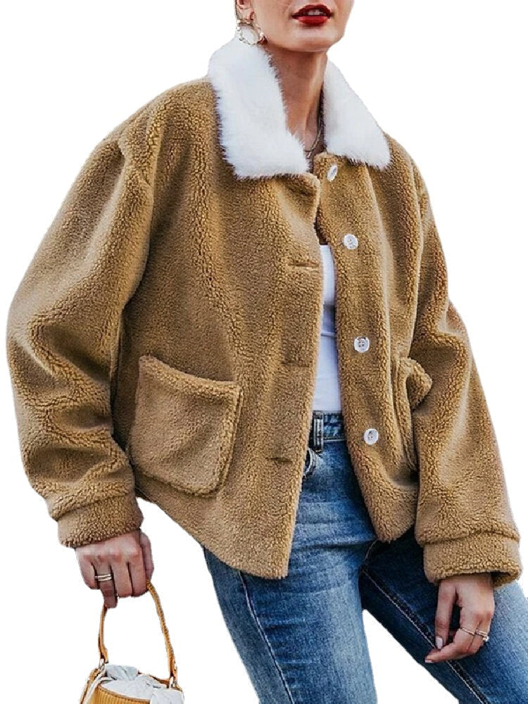 Women Solid Color Plush Borg Collar Warm Coat With Pocket