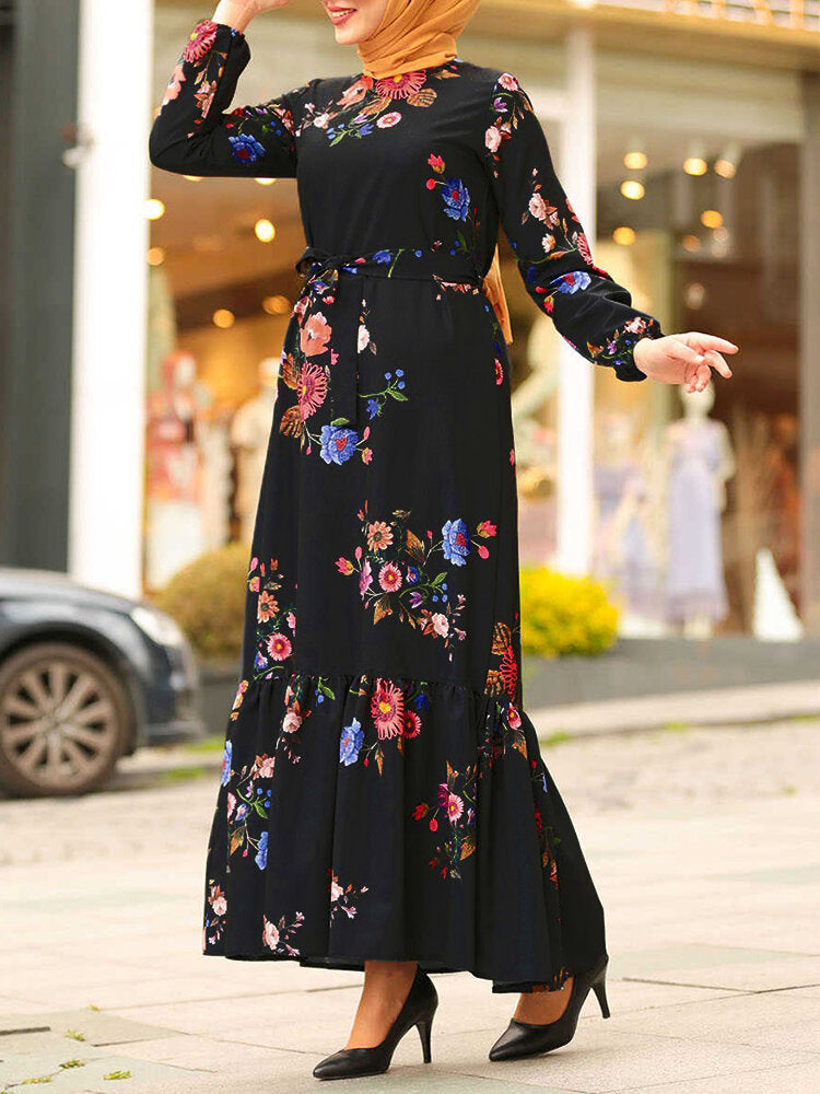 Women Floral Print Lace-Up Ruffle Hem Long Sleeve Retro Maxi Dresses