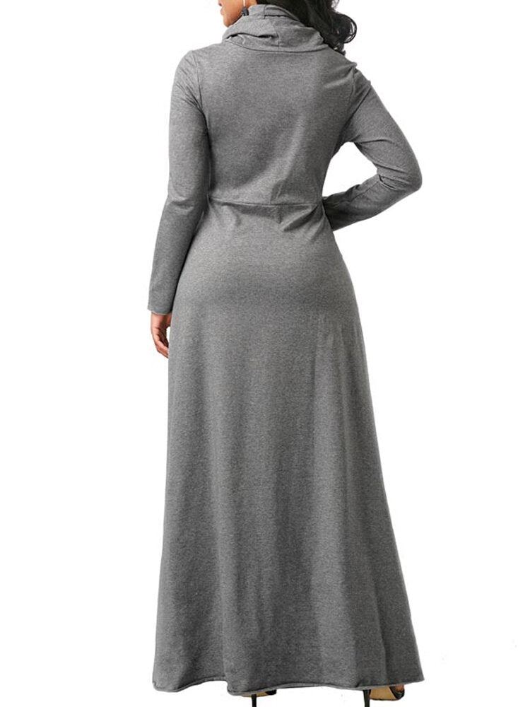 Casual Women Turtleneck Big Pocket Loose Hoodie Maxi Dress