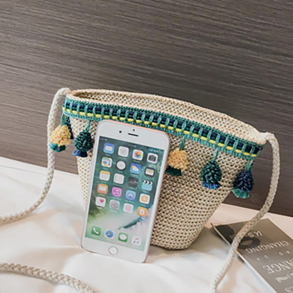 Straw Tassel Leisure Zipper Bucket Bag Shoulder Bag For Women