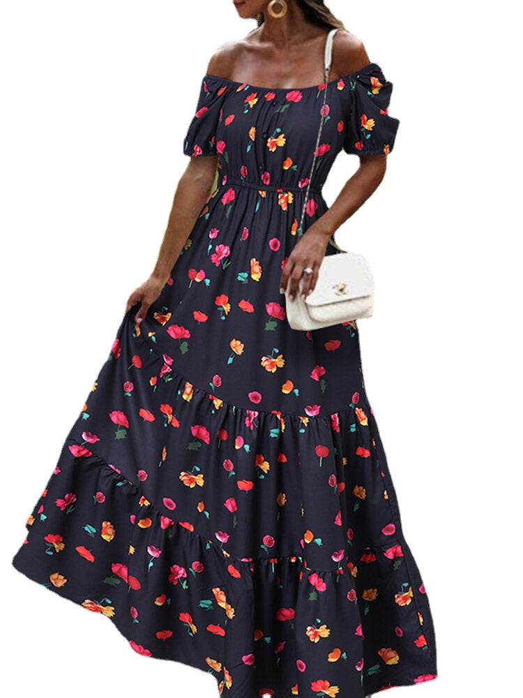 Women Elastic Square Collar Floral Print Holiday Casual Floor Maxi Dress With Belt