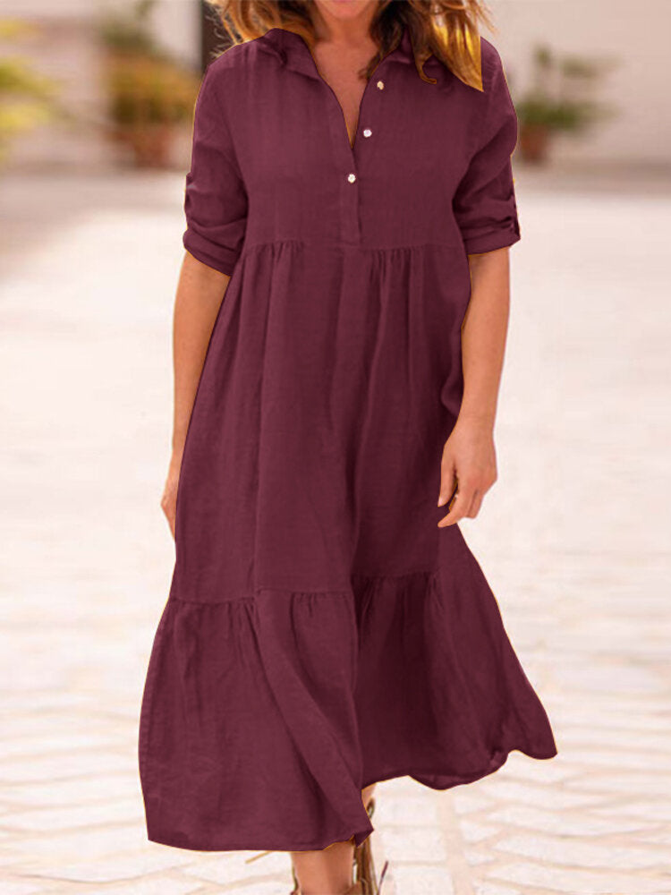 Women Long Adjustable Sleeve Button Pleated Solid Shirt Casual Maxi Dress
