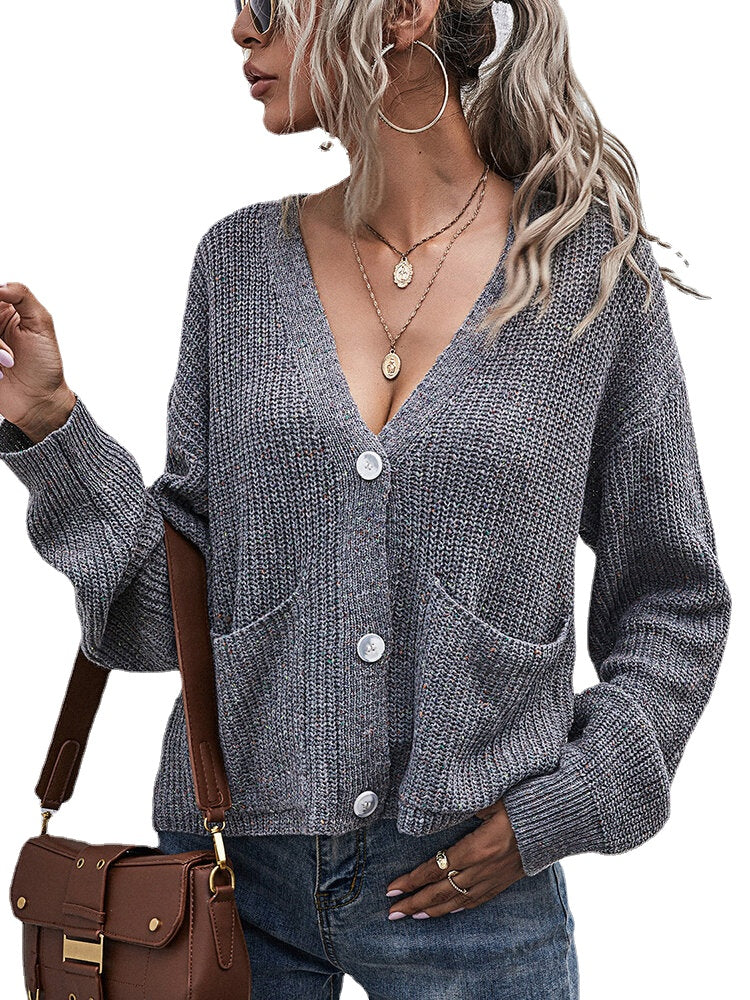 Women Solid V-Neck Button Up Knitted Casual Double Pockets Cardigan Sweater