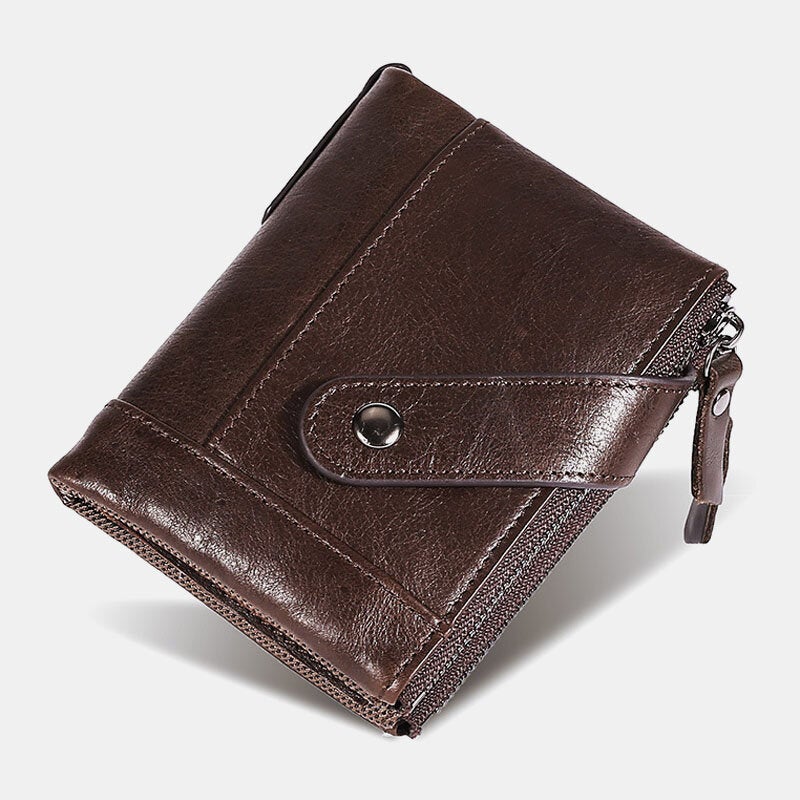 Men Genuine Leather RFID Blocking Vintage Double Zipper Cards Holder Wallet