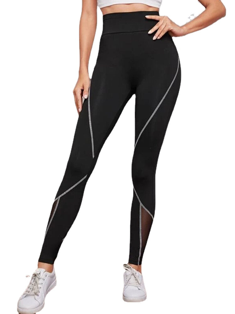 Women Patch Line Print Elastic Waist Bodycon Sport Casual Leggings