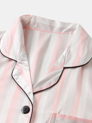 Women Colorful Striped Button Up Revere Collar Pocket Home Ice Silk Pajama Set