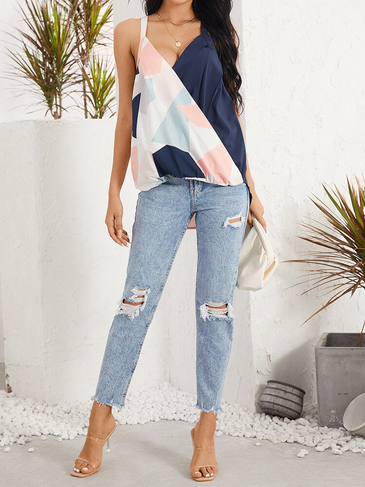 Geometric Print Halter V-neck Sleeveless Casual Cami