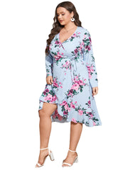 Plus Size V-neck Floral Print Belt Design Dress