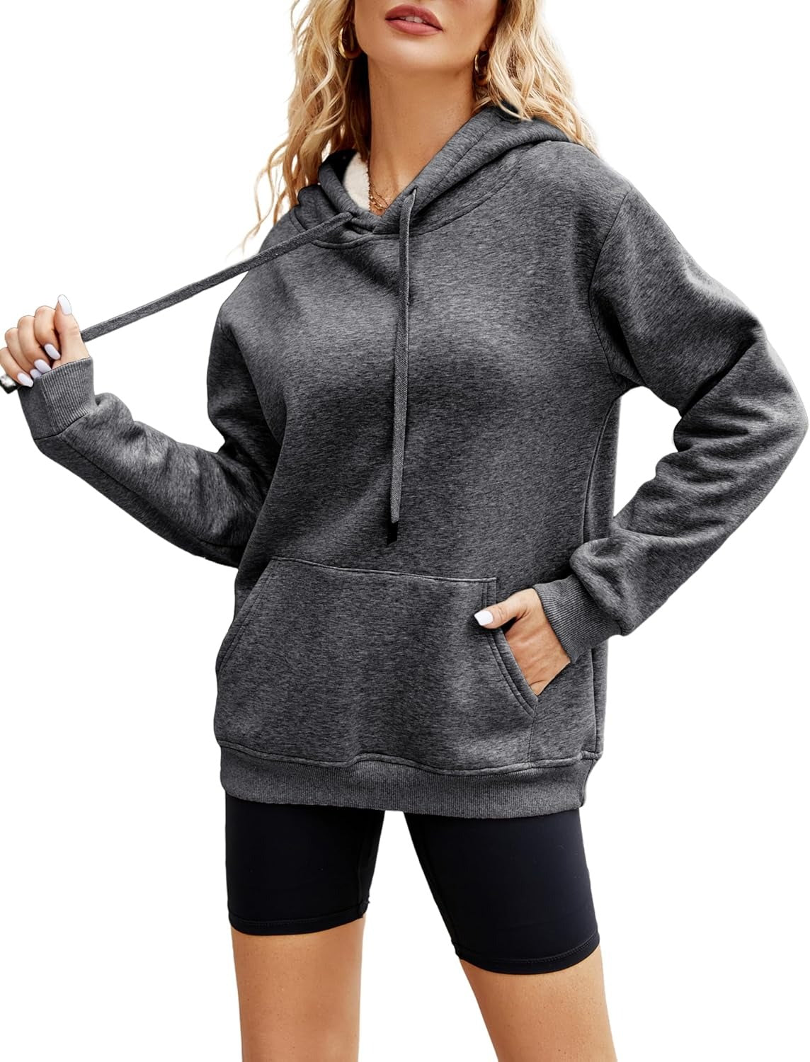 Women’s Cozy Sherpa Lined Hoodie Sweatshirt – Adjustable Drawstring Hood, Kangaroo Pocket, Long Sleeves for Fall & Winter Comfort