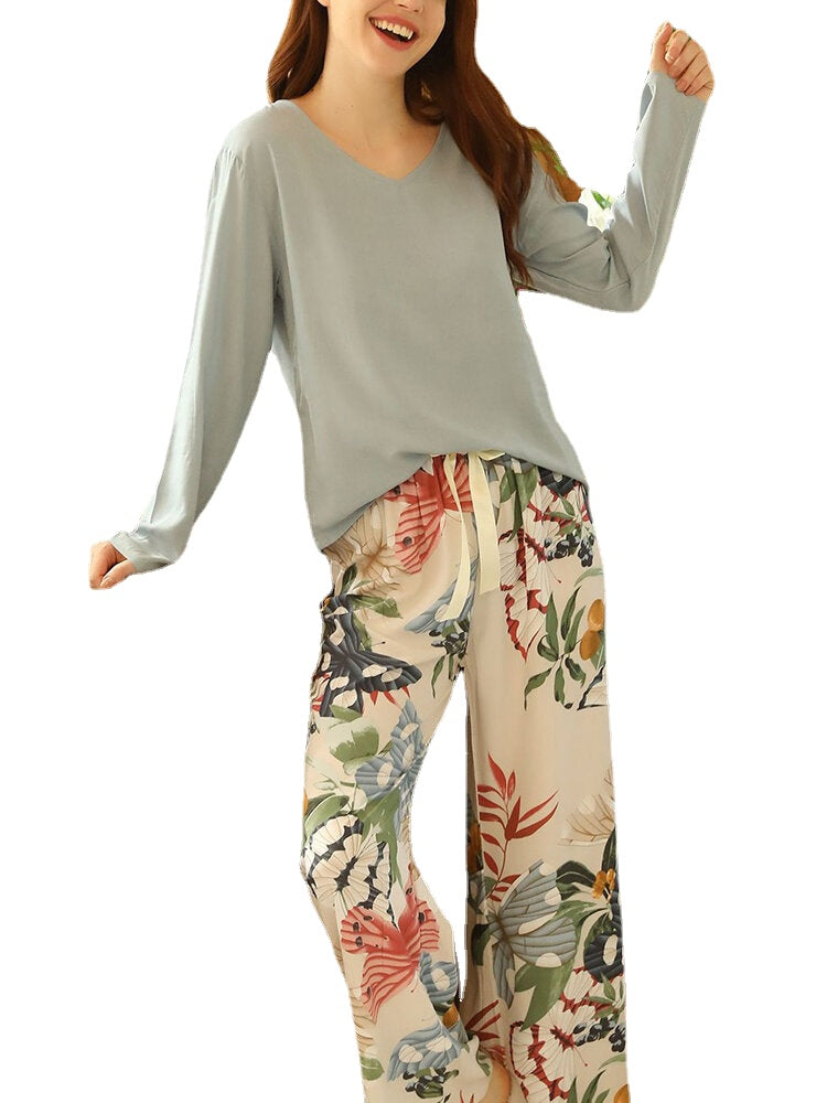 Women Butterfly & Floral Print V-Neck Bow Comfy Long Pajamas Sets Loungewear