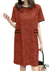 Contrast Color Pocket Short Sleeve Midi Casual Dress