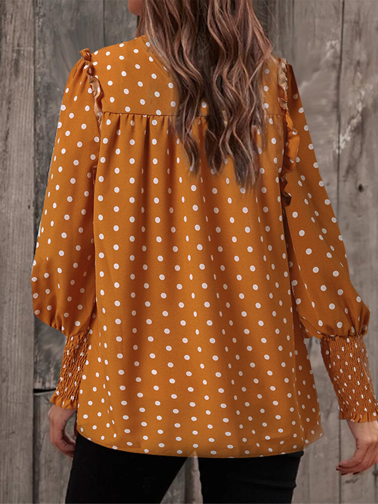 Polka Dot Print Long Sleeve O-neck Pleated Blouse