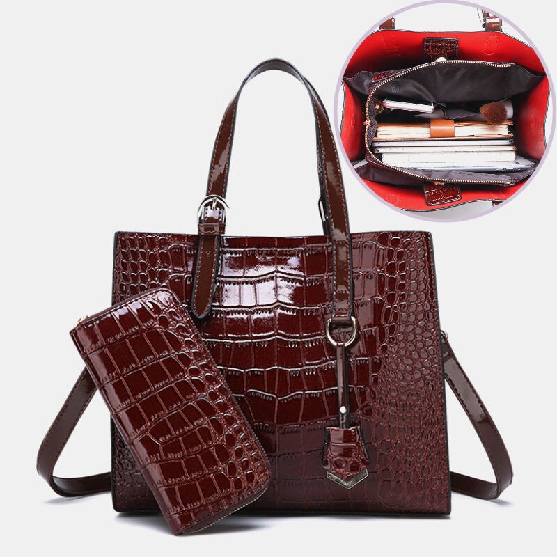 women 2pcs alligator pu multi pocket large capacity handbag crossbody bag tote