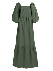 Women 100% Cotton Puff Sleeve Square Neck Maxi Dresses With Side Pocket