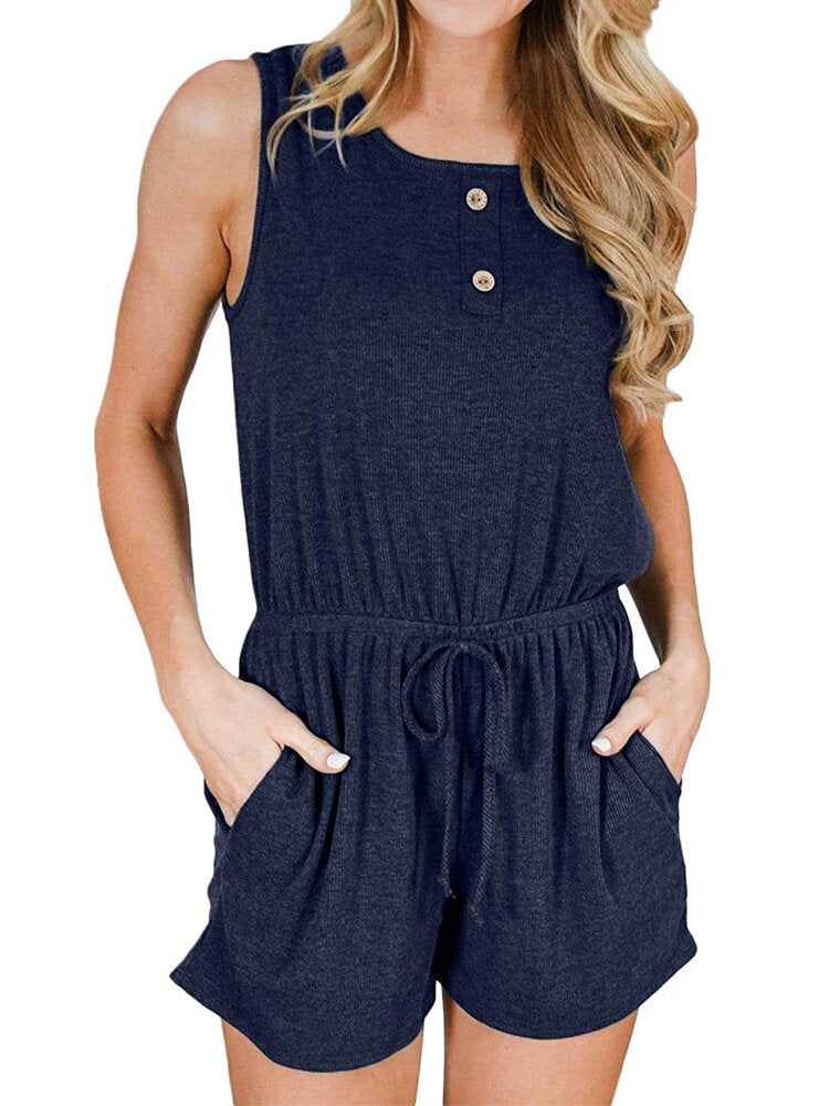 Casual Women O-neck Sleeveless Drawstring Waist Button Short Jumpsuits