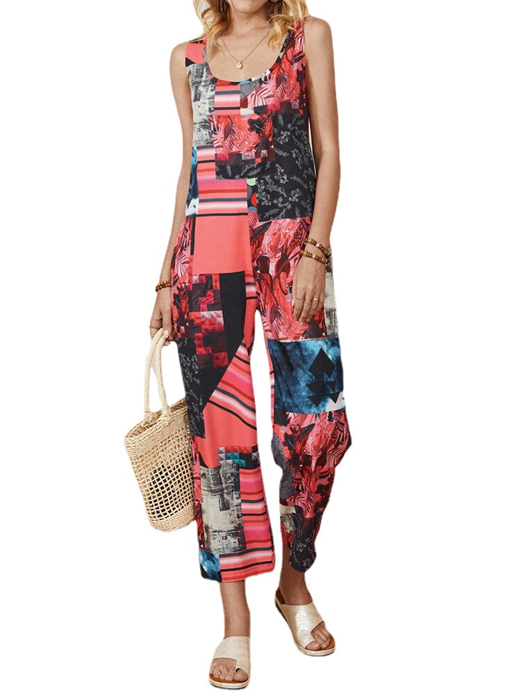 Flower Plants Geometric Print Strap Sleeveless Jumpsuit With Pocket