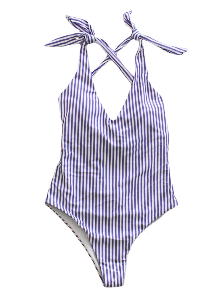 Women Pinstripe Criss Cross Back Cute Bow Shoulder One Piece Slimming Swimsuit