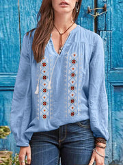 Women 100% Cotton Tassel Floral Embroidery Bohemian ButtonCuffs Blouses