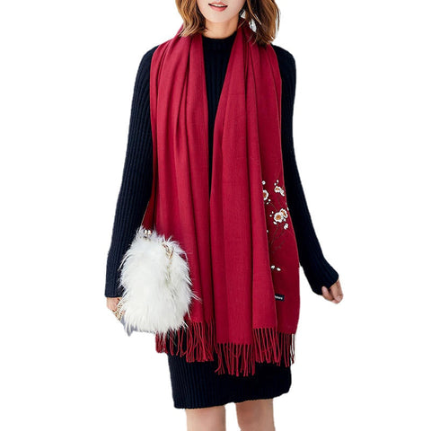 Women Winter Cashmere-Like Plum Embroidery Tassel Ethnic Elegant Scarf Shawl