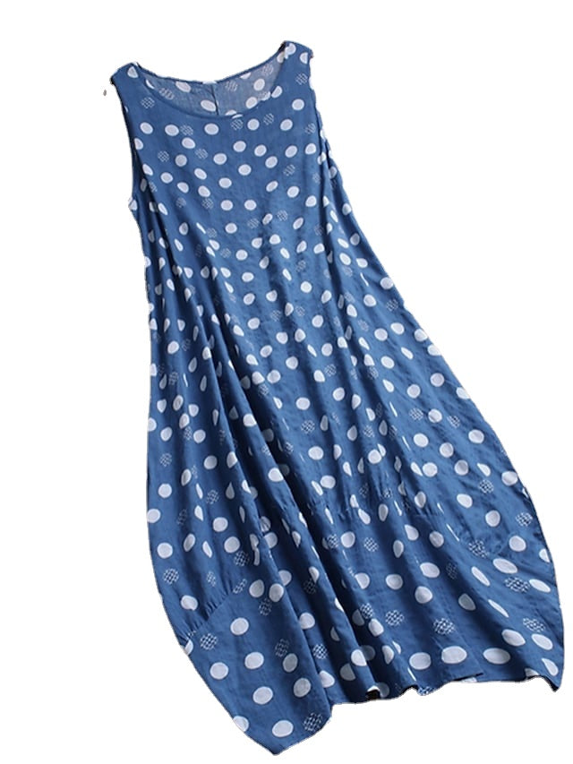 Women's Sleeveless Polka Dot Print Crew Neck Swing Boho Dress