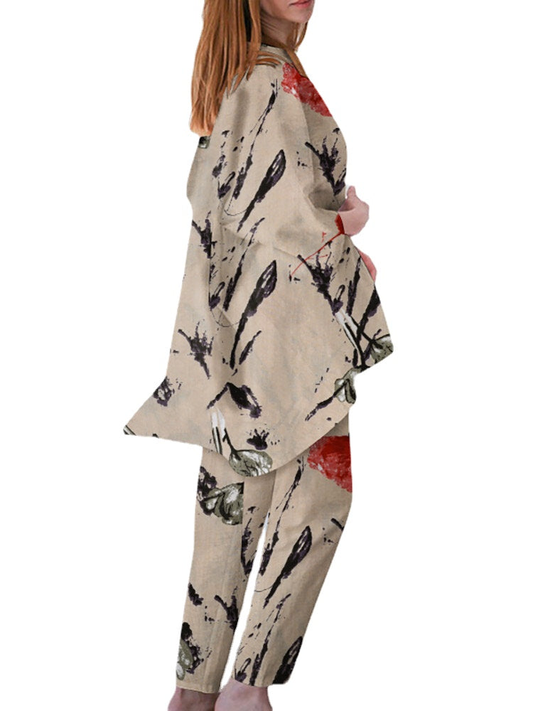 Plant Print Irregular Hem Casual Suit