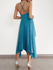 Backless V-neck Sleeveless Irregular Hem Back Cross Maxi Dress