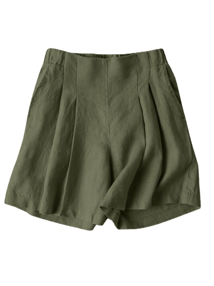 Solid Ruched Pocket Casual Cotton Shorts